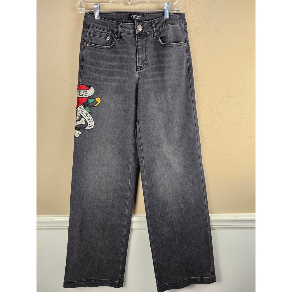 Ed Hardy Womens Black Embroidered Love Kills‎ Slowly Wide Leg Flare Jeans 26